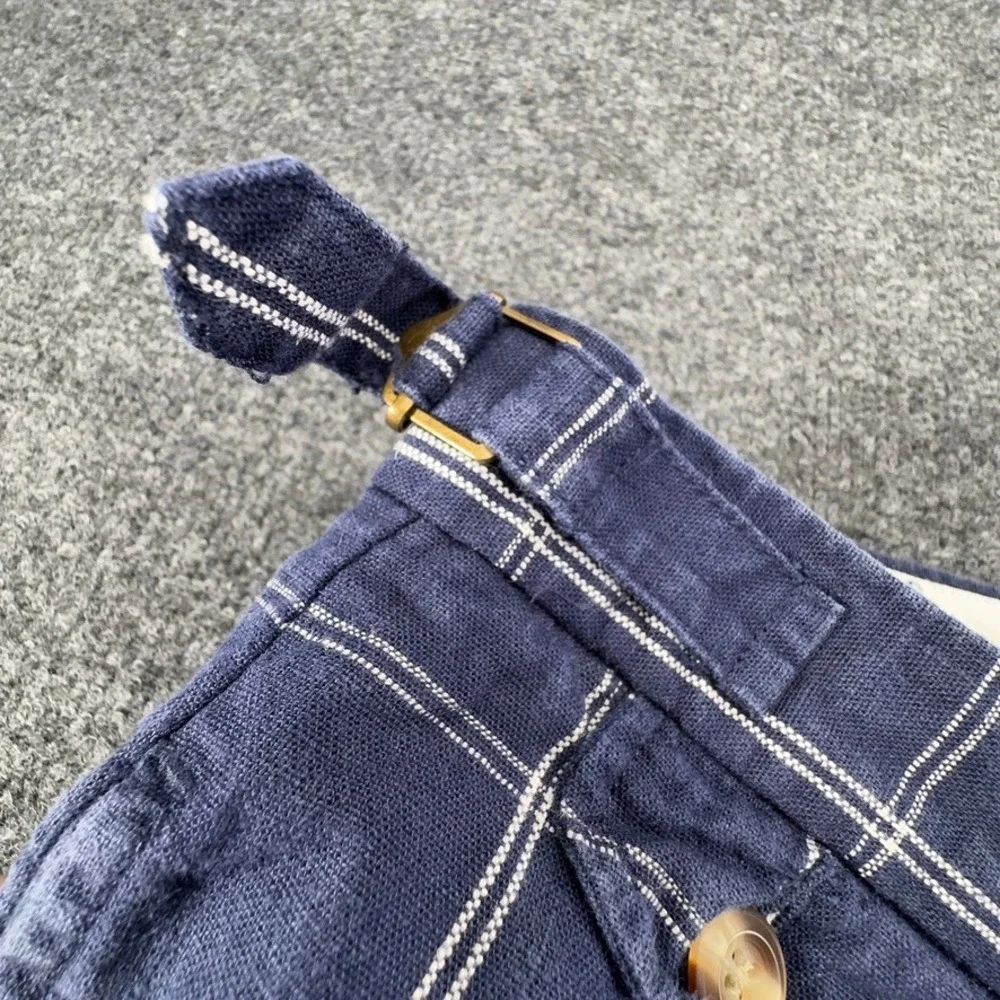 Tommy Hilfiger Mens 34 Blue Plaid Linen Cotton Pleated Shorts Side Adjusters